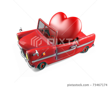 Red heart in cartoon sport car, Valentines Day Theme Concept, 3d rendering 73467174