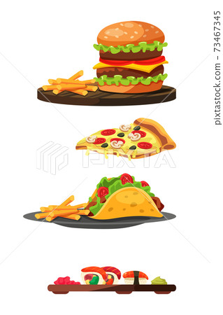 Quickly prepared and served fast food set on white 73467345