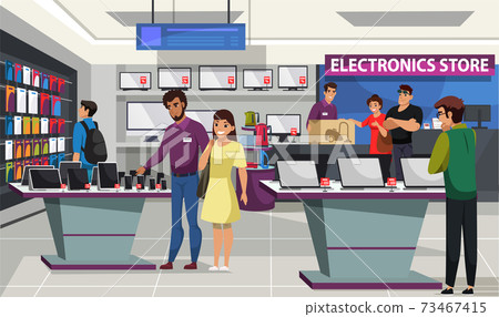 Visitor and shop assistant at electronics store 73467415