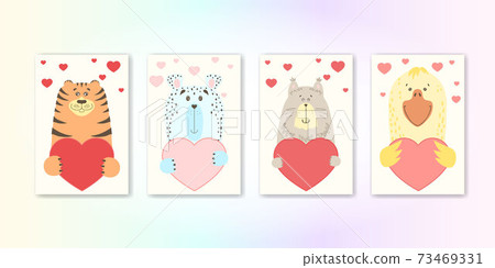 Cute cartoon animal holds a heart sign with copy space. set valentine's day greeting card banner invitation flyer brochure. cartoon hand drawn style. Little animals pets in love, declaration of love 73469331