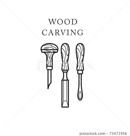 Wood carving tools icon, logo with chisels, timber engraving emblem, vector 73471956