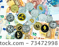 Various cryptocurrency coins on euro banknotes. Bitcoin, ethereum, litecoin 73472998
