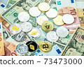Various cryptocurrency coins on paper dollar and euro banknotes. Bitcoin, ethereum, litecoin and others modern virtual currency 73473000