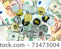 Various cryptocurrency coins on paper dollar and euro banknotes. Bitcoin, ethereum, litecoin and others modern virtual currency. Digital crypto. Metal cryptocurrency coins 73473004