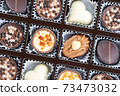 Different chocolate pralines. Box of belgian pralines of different shapes 73473032