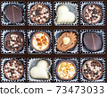 Different chocolate pralines. Box of belgian pralines of different shapes 73473033