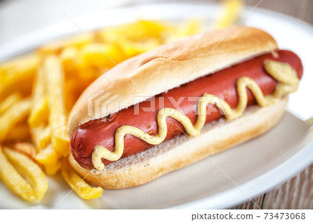 Hotdog with fries, sauce and french fries. High quality photo. 73473068