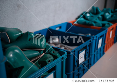 shelf with mold and insoles for shoe on modern factory shelf with mold and insoles for shoe on modern factory 73473706