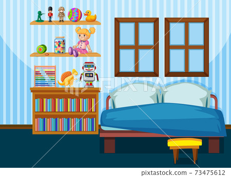 Bedroom interior with furniture in blue color... - Stock Illustration ...