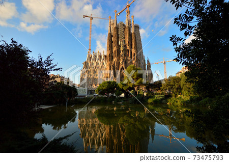 Upside down Sagrada Familia reflected in the pond Upside down Sagrada Familia reflected in the pond 73475793