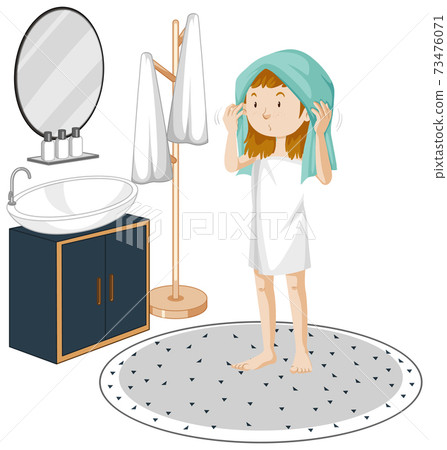 A young girl with bathroom furniture elements on white background 73476071
