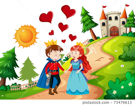 Prince and princess with the castle in nature scene 73476613