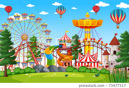 Amusement park scene at daytime with balloons... - Stock Illustration ...