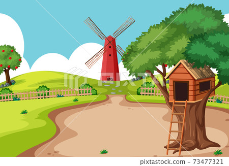 Tree house in the farm scene with windmill Tree house in the farm scene with windmill 73477321