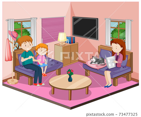 Happy family in the living room with furnitures in pink theme Happy family in the living room with furnitures in pink theme 73477325