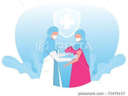 muslim nurse holds in his hand a syringe with a vaccine. Prevention, injections. Health vector. Medical site, landing pages.vector muslim nurse holds in his hand a syringe with a vaccine. Prevention, injections. Health vector. Medical site, landing pages.vector 73479157