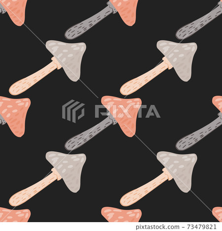 Contrast seamless doodle pattern with red and purple light mushroom silhouettes. Black background. Contrast seamless doodle pattern with red and purple light mushroom silhouettes. Black background. 73479821