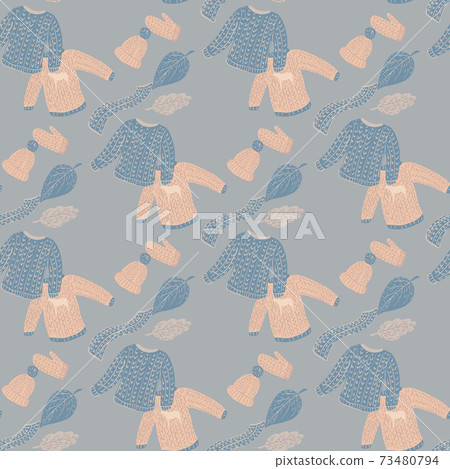Christmas seamless cozy pattern with sweaters, mittens, scarfs and hats silhouette. Blue and pink palette. Christmas seamless cozy pattern with sweaters, mittens, scarfs and hats silhouette. Blue and pink palette. 73480794