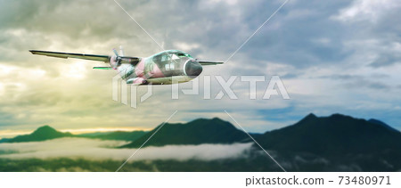 Panorama Airplane is flying over low clouds at sunset. Panorama Airplane is flying over low clouds at sunset. 73480971