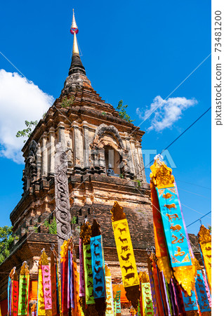 Ancient pagoda with the zodiac flags. Ancient pagoda with the zodiac flags. 73481200