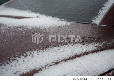 There is ice on the windshield of the car. Freezing rain natural phenomenon. Frost and bad weather 73482753