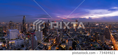 Bangkok business district cityscape with skyscraper at twilight, Thailand - Panorama 73484921