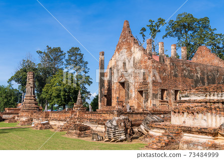 Ancient ruin Buddhist temple and ordinance chapel made of brick, Wat Pho Prathap Chang built Phra Chao Suea (Tiger King) or Suriyenthrathibodi since Ayutthaya period, in Phichit, Thailand 73484999