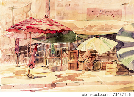 Watercolor painting of market town inThailand. 73487166