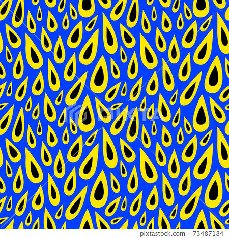 Seamless pattern with yellow-black drops on a blue background. Abstract pattern with drops of various shapes. 73487184