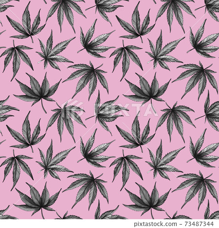 cannabis on pink background seamless pattern. Hand-drawn illustration cannabis on pink background seamless pattern. Hand-drawn illustration 73487344