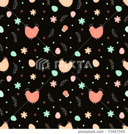 Chicken and eggs easter seamless pattern. Cute cartoon vector flat illustration Chicken and eggs easter seamless pattern. Cute cartoon vector flat illustration 73487345