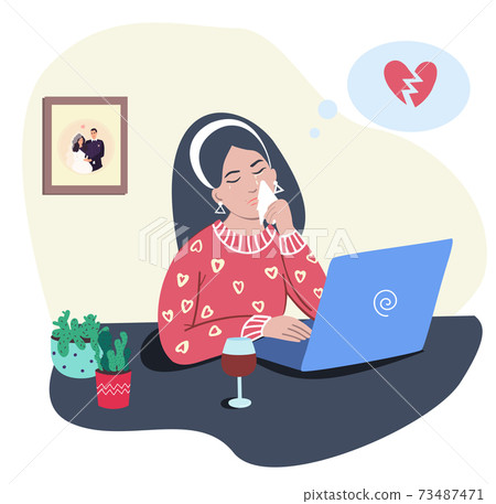 woman is crying while sitting at a table woman is crying while sitting at a table 73487471