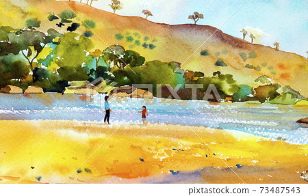 Painting colorful of summer holiday father and son 73487543