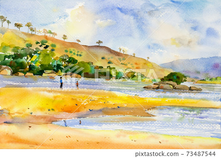 Painting of vacation summer holiday father and son 73487544