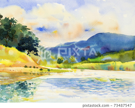 Watercolor painting of  river and mountain. 73487547