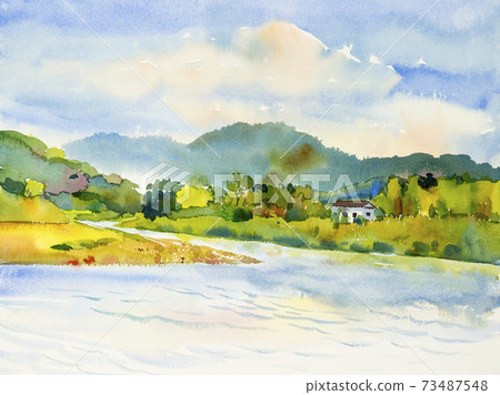 Painting colorful of home with river and mountain 73487548