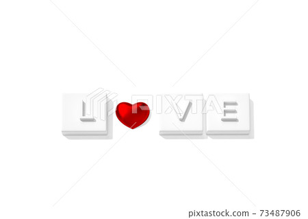 White button LOVE text with heart sign symbol 3d rendering. 3d illustration of Love and Valentines Day greeting card template minimal concept. 73487906