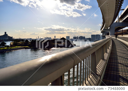 Odaiba Rainbow Bridge Sidewalk at dusk Odaiba Rainbow Bridge Sidewalk at dusk 73488000