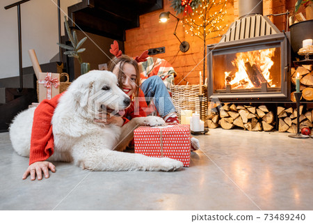 Woman with dog during New Year holidays at home Woman with dog during New Year holidays at home 73489240
