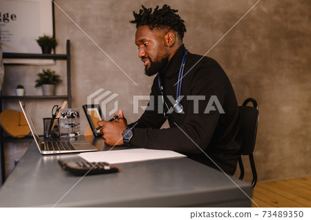 telehealth with virtual doctor appointment and online therapy session. Black doctor online conference  73489350