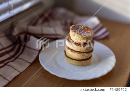 Japanese Style Dessert Fluffy Souffle Pancake closeup 73489722