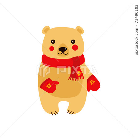 Vector illustration of cute winter bear in a scarf and mitten. Christmas or New Year card. Isolated icon of winter cartoon animal. Vector illustration of cute winter bear in a scarf and mitten. Christmas or New Year card. Isolated icon of winter cartoon animal. 73490182