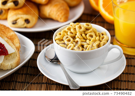Crunchy Oat Rings with Milk. High quality photo. 73490482