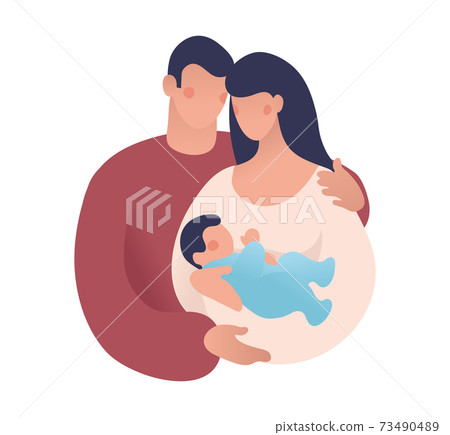 Husband and wife with a baby in her arms. A man hugs a woman with a child. Concept illustration about family, motherhood, fatherhood. Flat vector illustration isolated on white background 73490489