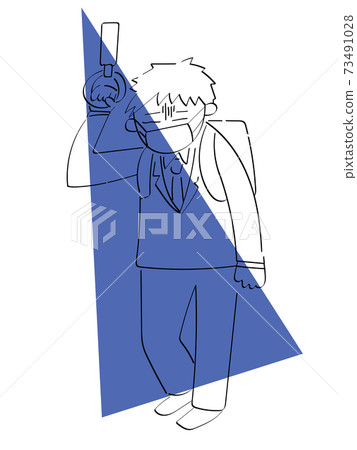在通勤火車上感覺不舒服的男性上班族戴著面具的簡單線條畫插圖 73491028