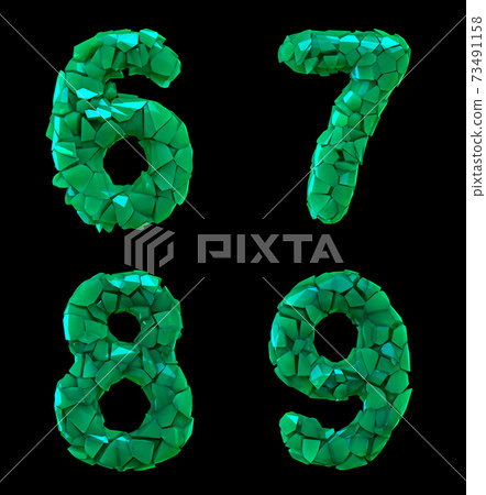 Number plastic set 6, 7, 8, 9 made of 3d render plastic shards green color. 73491158