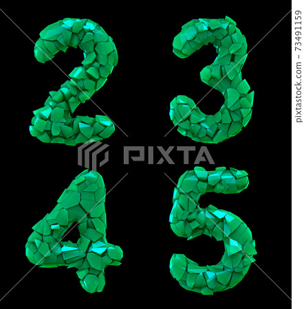 Number plastic set 2, 3, 4, 5 made of 3d render plastic shards green color. Number plastic set 2, 3, 4, 5 made of 3d render plastic shards green color. 73491159