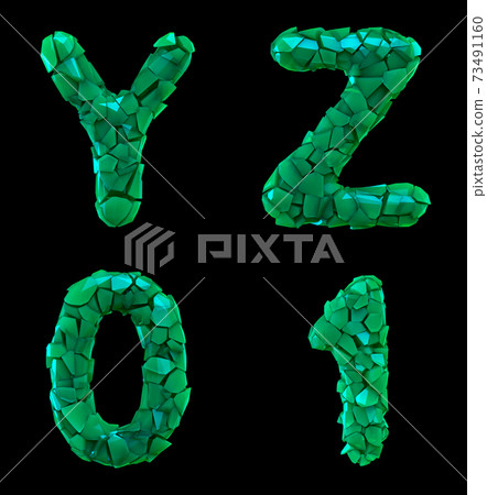 Plastic letters set Y, Z, 0, 1 made of 3d render plastic shards green color. 73491160