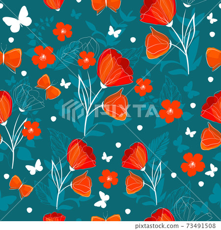 A seamless background with red and blue flowers... - Stock Illustration ...
