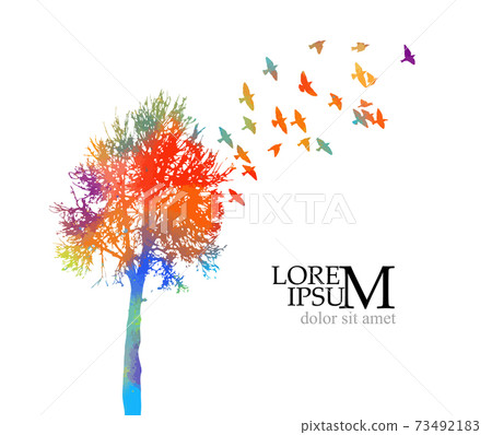 A multicolored tree with flying birds. Vector illustration 73492183